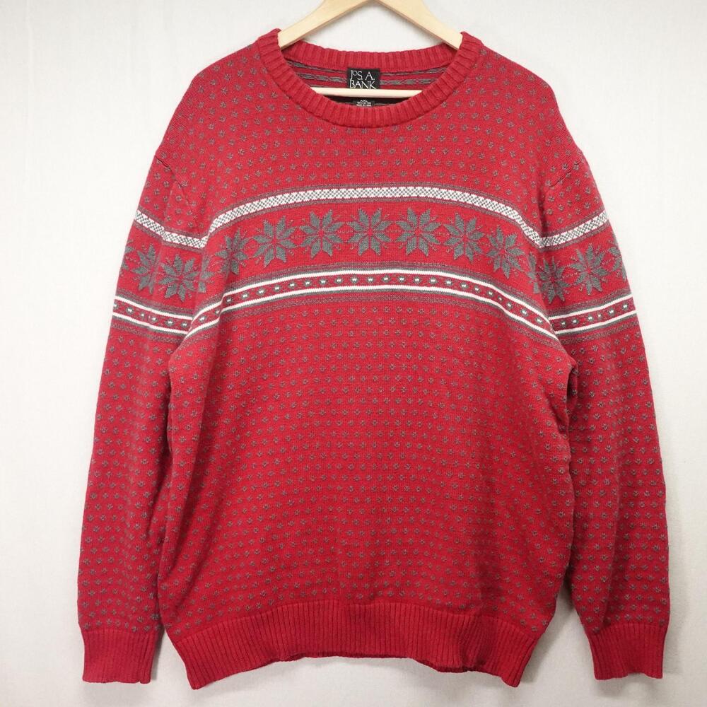 Jos A Bank Sweater Mens 2XL Red Fair Isle Cotton Knit Crewneck Pullover